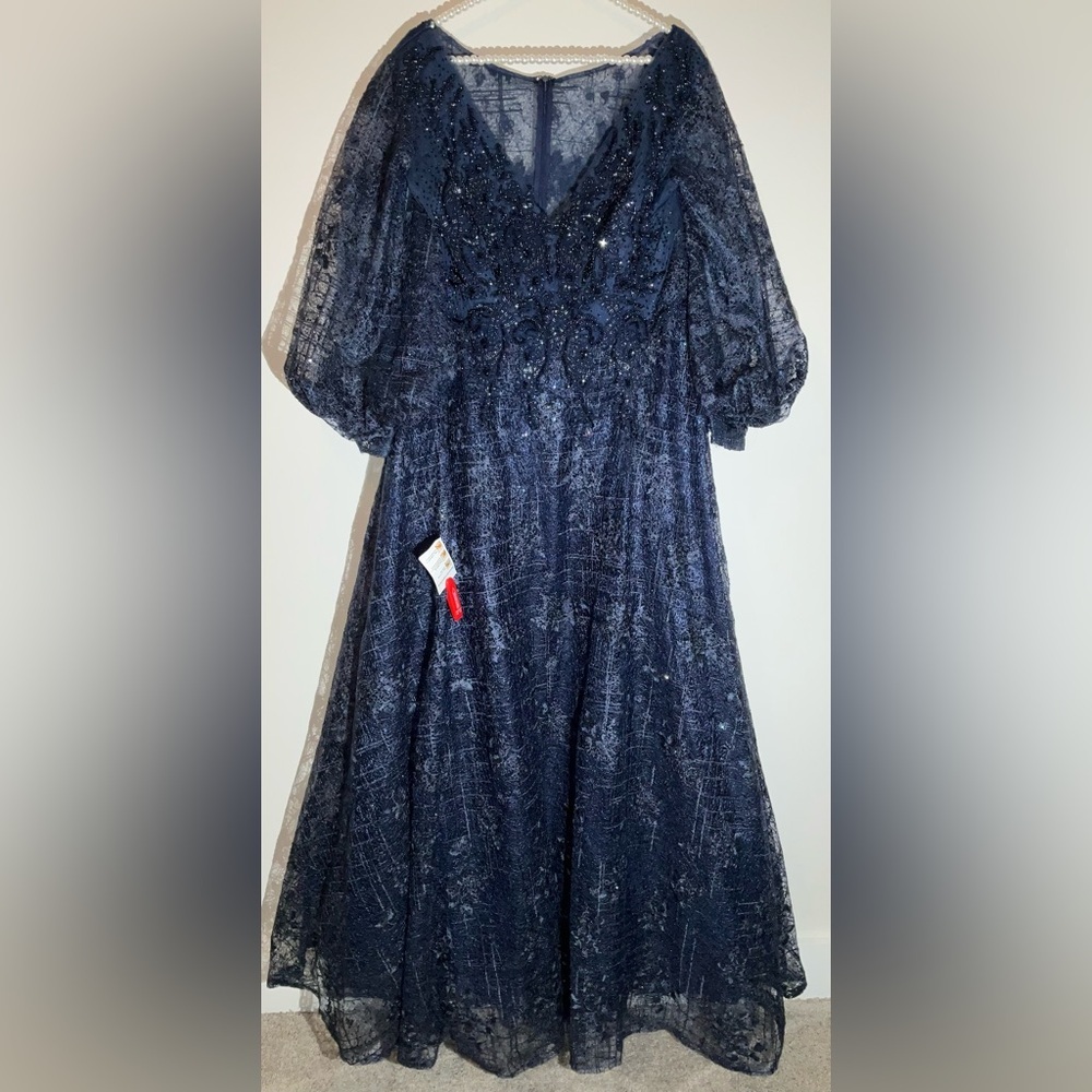 Mac Duggal Navy Blue Beaded Lace Maxi Gown - Picture 2 of 15